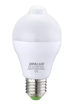 FOCO LED 7W LUZ CALIDA "OPALUX" C/SENSOR DE MOV.NOCTURNO 3000K 600LM 360° E27 110-240VAC FACTOR 0.9 CJX50