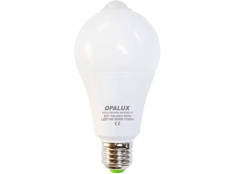 FOCO LED 15W LUZ CALIDA "OPALUX" C/SENSOR DE MOV.NOCTURNO 3000K 1050LM E27 110-240VAC CJX50