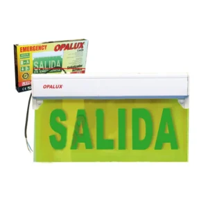 Señal de seguridad LED “Opalux” 68.5x35cm iluminada mica “SALIDA” 6 horas  16 leds cumple INDECI incluye accesorios montaje en techo cuerpo ABS blanco
