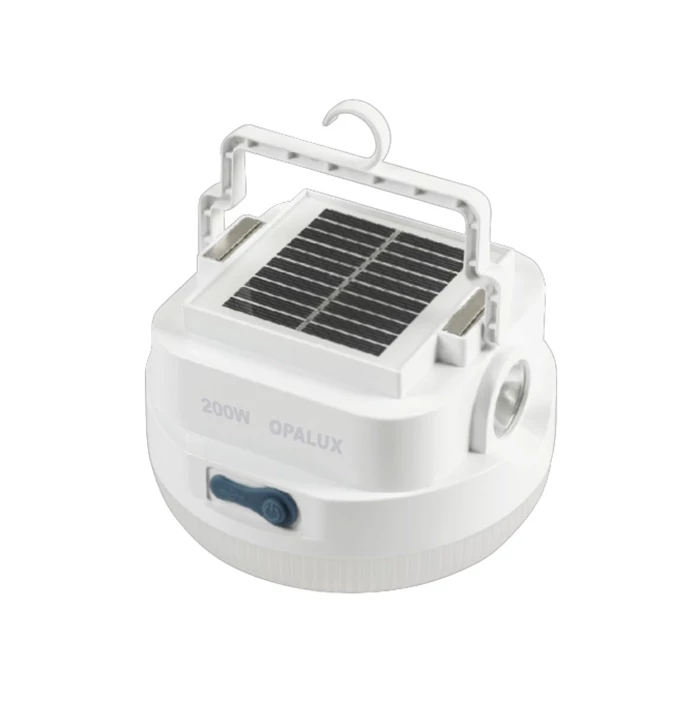 LAMPARA CON LINTERNA PÓRTATIL RECARGABLE CON PANEL SOLAR 200W "OPALUX" 12000K