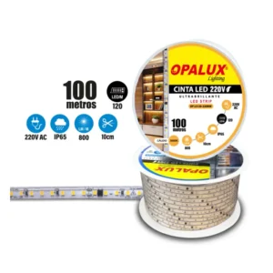 CINTA LED IP65 "OPALUX" 220V AC 800LM 3000K 120LEDS 100MTS  295WATTS, 1.5AMP