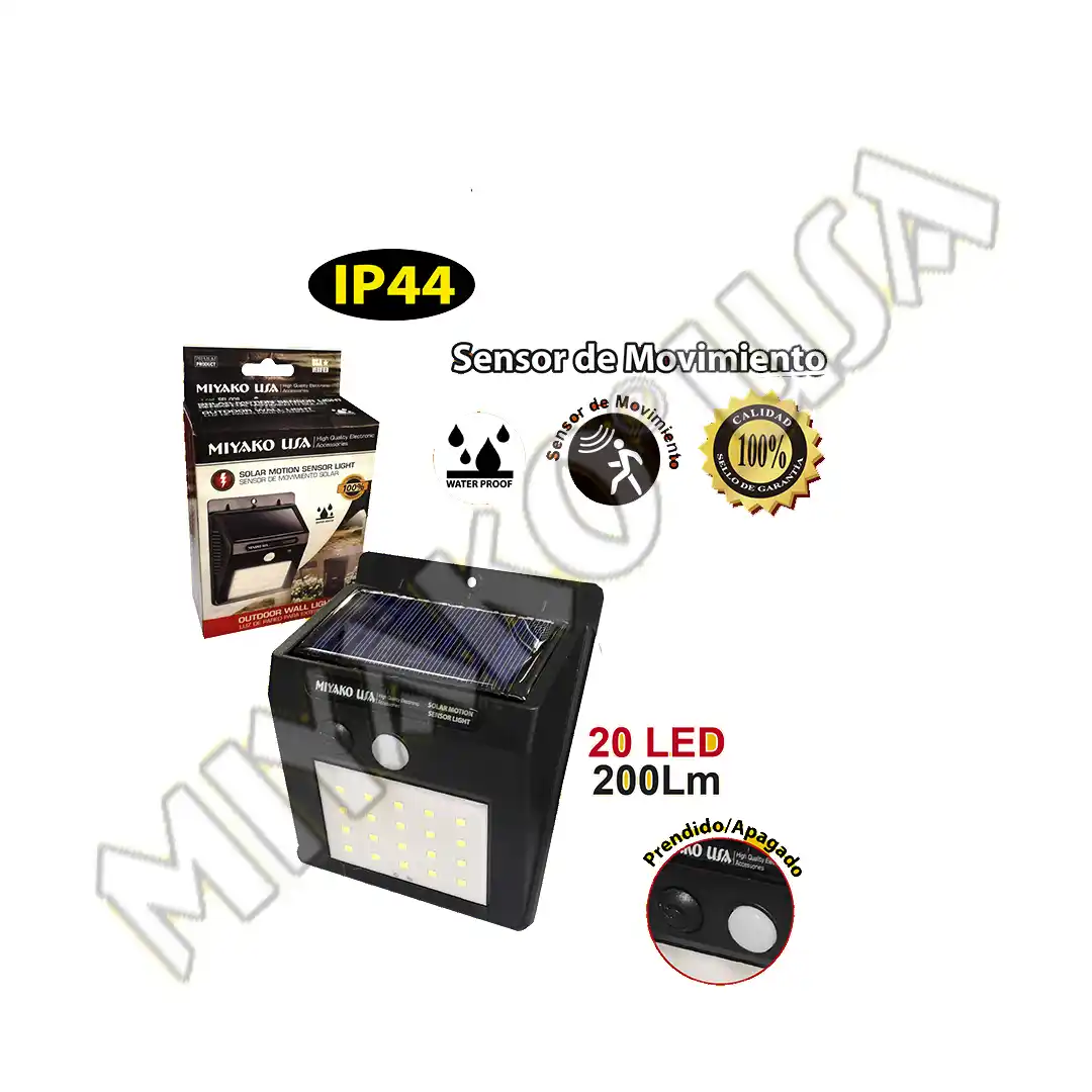 LUZ DE PASO SOLAR LED 3W MIYAKO USA 200LM CON CON PANEL SOLAR Y SENSOR DE MOVIMIENTO IP64 USO EXTERIOR COLOR NEGRO