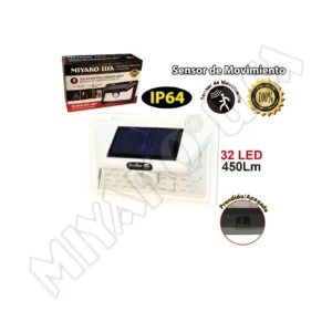 LUZ DE PASO SOLAR LED 5W MIYAKO USA 450LM CON PANEL SOLAR Y SENSOR DE MOVIMIENTOIP64 USO EXTERIOR COLOR BLANCO